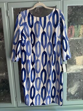 R&M Richards Blue and White Geometric Sheath Dress